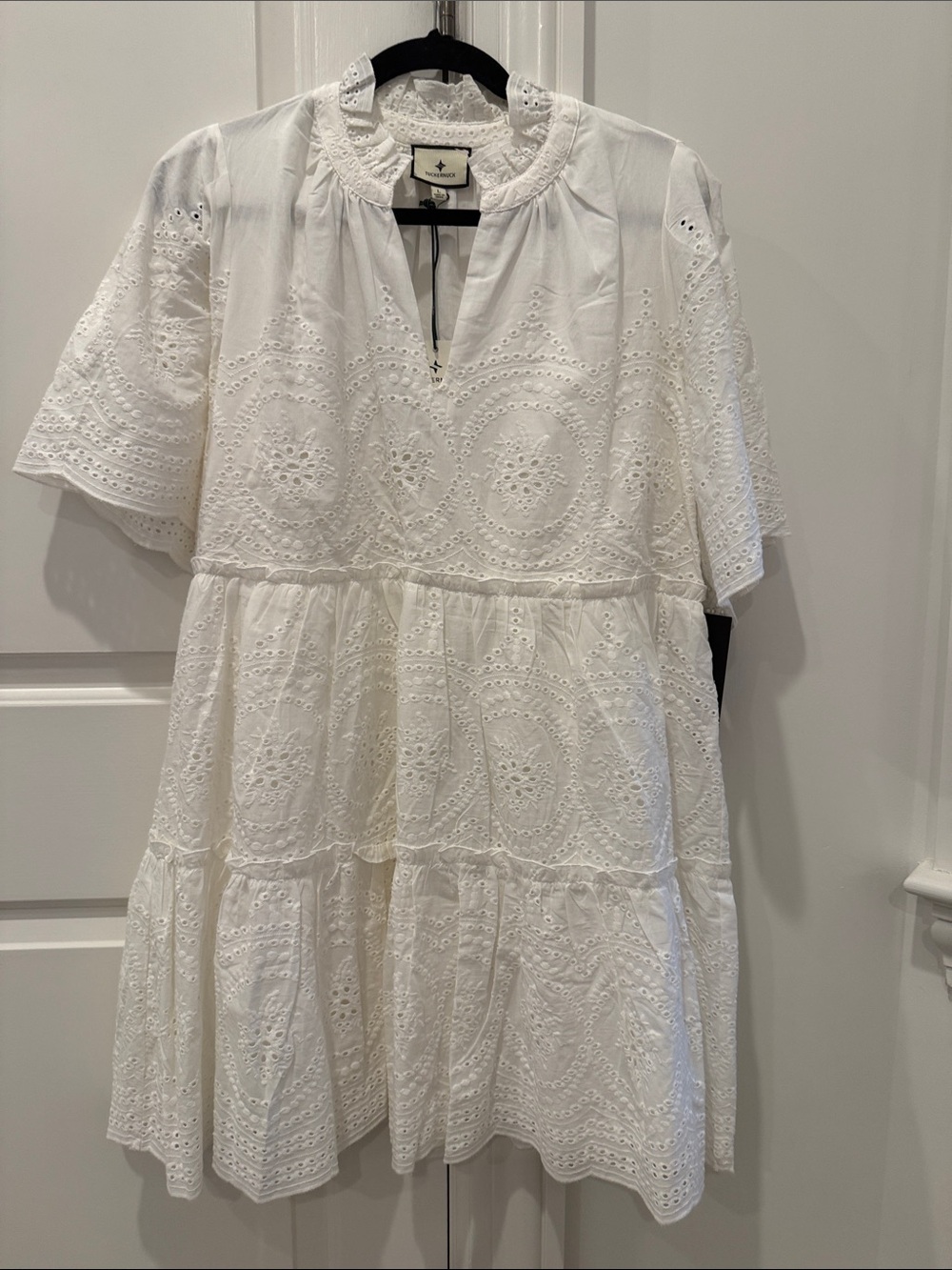 Tuckernuck White Eyelet Tiered Crawford Mini Dress Size L NWT